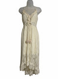 Cream Lace Maxi Dress with Pom Pom Tassels and Spaghetti Straps, Size M