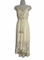 Cream Lace Maxi Dress with Pom Pom Tassels and Spaghetti Straps, Size M