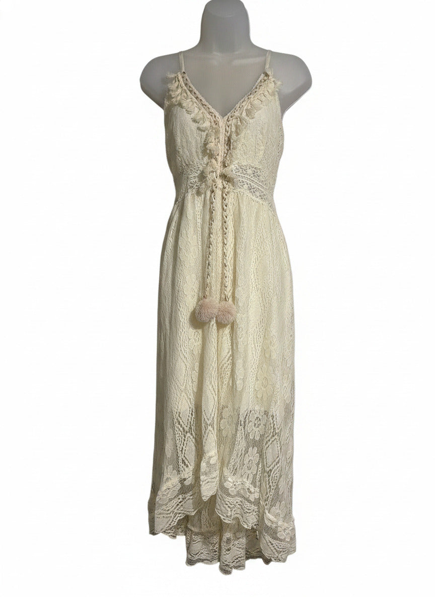 Cream Lace Maxi Dress with Pom Pom Tassels and Spaghetti Straps, Size M