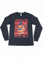 Black Long Sleeve Cotton T-Shirt with Game Over Bear Graphic