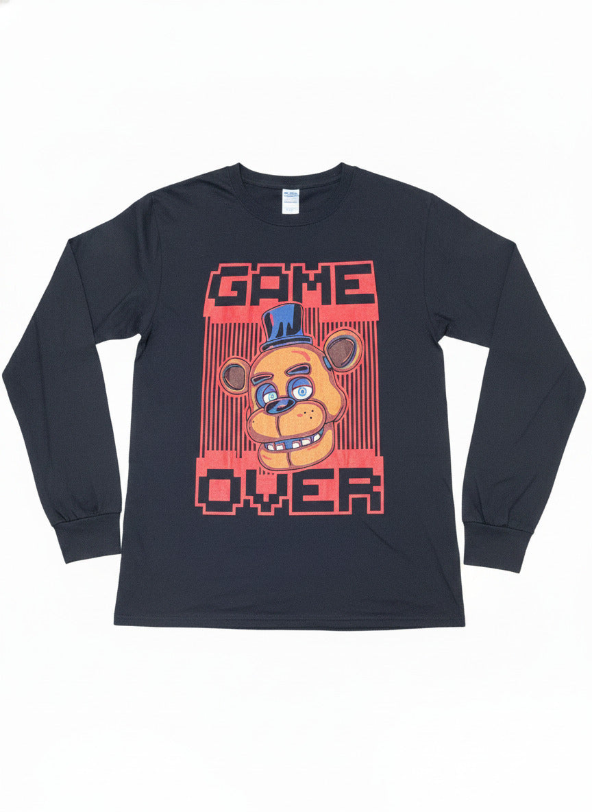 Black Long Sleeve Cotton T-Shirt with Game Over Bear Graphic