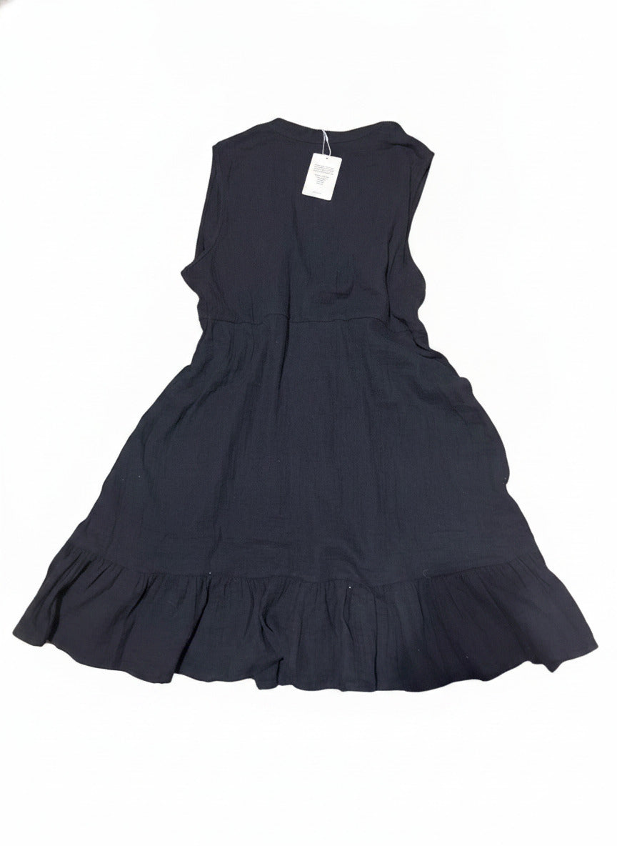 Black Sleeveless Button-Front Dress with Ruffle Hem, Size L