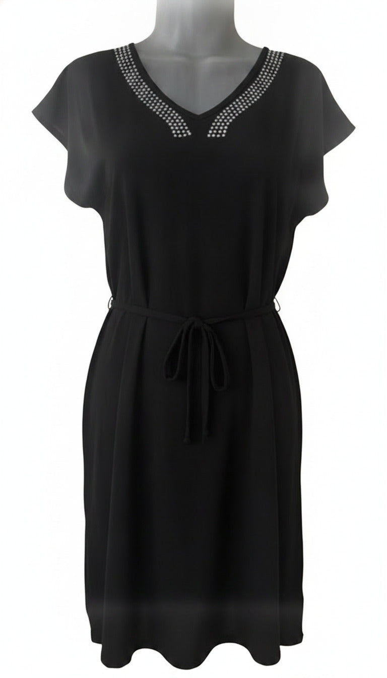 Amana Black Rhinestone Shift Dress with Tie Waist – Size Small