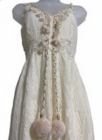 Cream Lace Maxi Dress with Pom Pom Tassels and Spaghetti Straps, Size M
