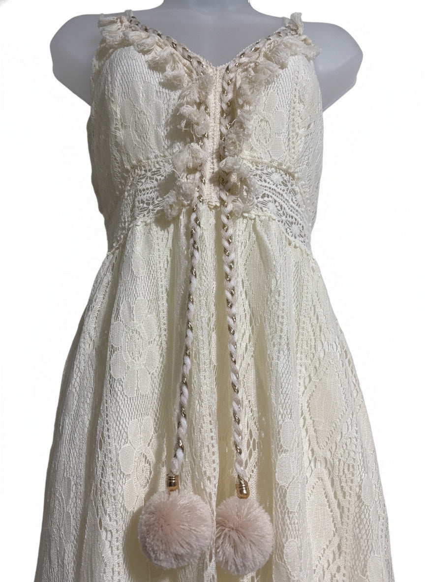 Cream Lace Maxi Dress with Pom Pom Tassels and Spaghetti Straps, Size M