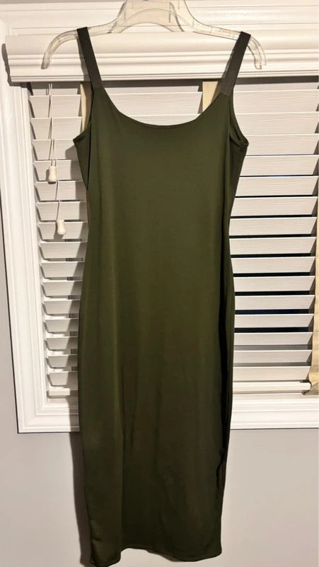 Heart Hips Women’s Olive Green Bodycon Midi Dress Side Slit Stretch Size S