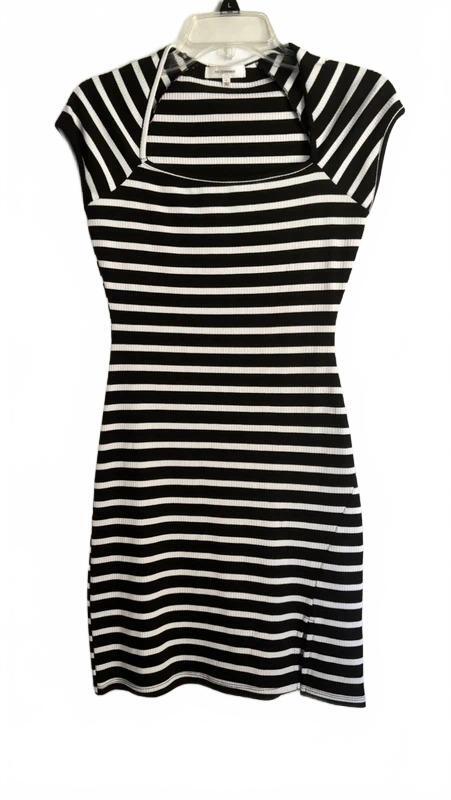 No Comment Women’s Black White Striped Cutout Bodycon Mini Dress Size Small