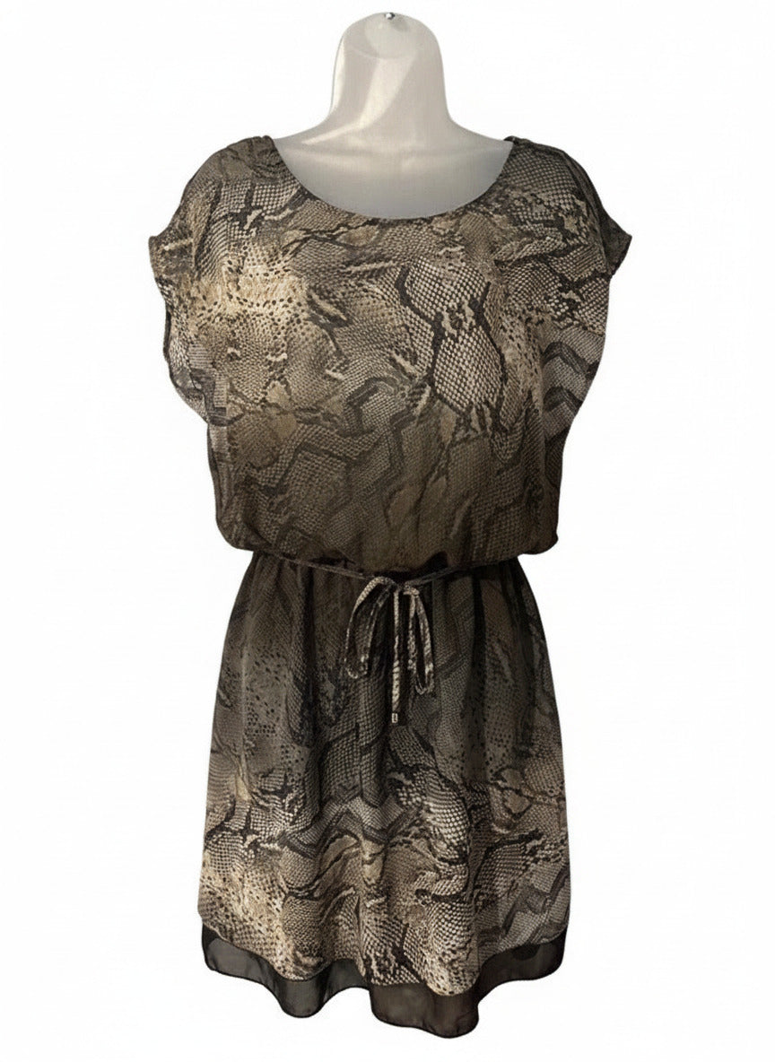 Zaps Snake Print Chiffon Dress Women’s EU 38 Gray Beige Tie Waist Knee Length
