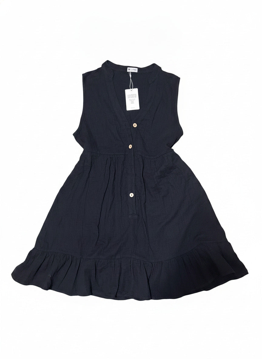 Black Sleeveless Button-Front Dress with Ruffle Hem, Size L
