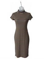 Derek Heart Striped Mock Neck Midi Dress Brown Gold Ribbed Stretch Size S