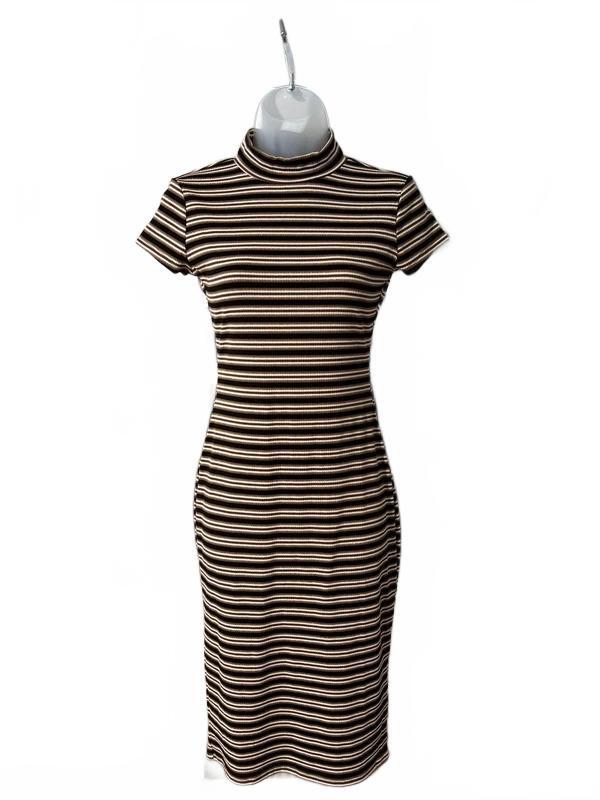 Derek Heart Striped Mock Neck Midi Dress Brown Gold Ribbed Stretch Size S