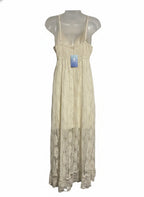 Cream Lace Maxi Dress with Pom Pom Tassels and Spaghetti Straps, Size M