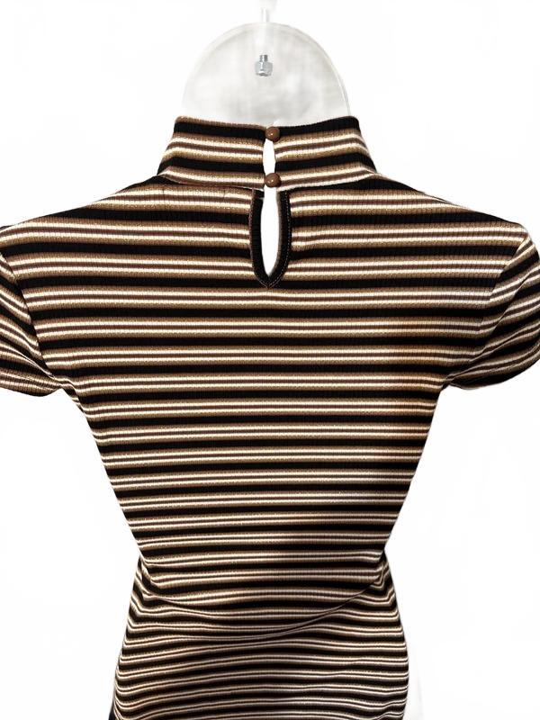 Derek Heart Striped Mock Neck Midi Dress Brown Gold Ribbed Stretch Size S