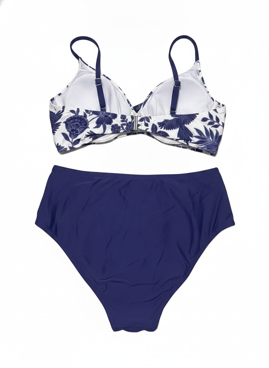 Cupshe Two-Piece Navy Blue and White Floral Bikini Set, Size Large