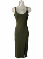 Heart Hips Women’s Olive Green Bodycon Midi Dress Side Slit Stretch Size S