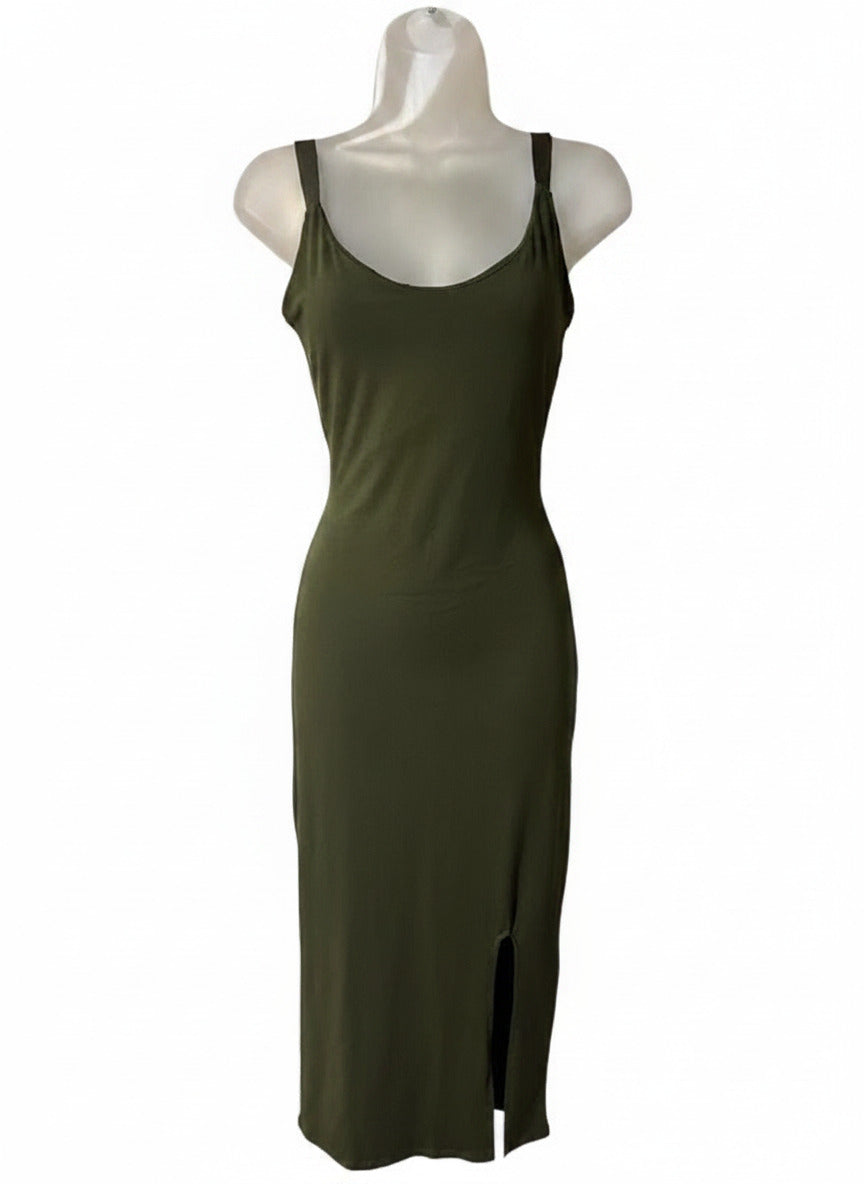Heart Hips Women’s Olive Green Bodycon Midi Dress Side Slit Stretch Size S