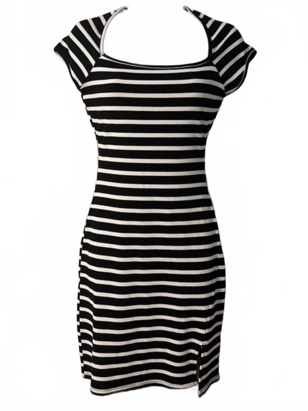 Black and White Striped Square Neck Mini Dress