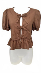 Liberty Love Brown Tie Front Peplum Top NWT XS