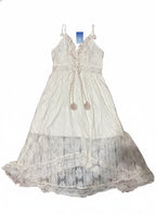 Cream Lace Maxi Dress with Pom Pom Tassels and Spaghetti Straps, Size M