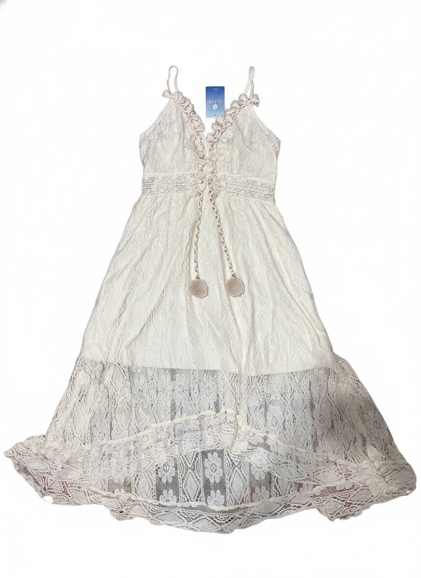 Cream Lace Maxi Dress with Pom Pom Tassels and Spaghetti Straps, Size M
