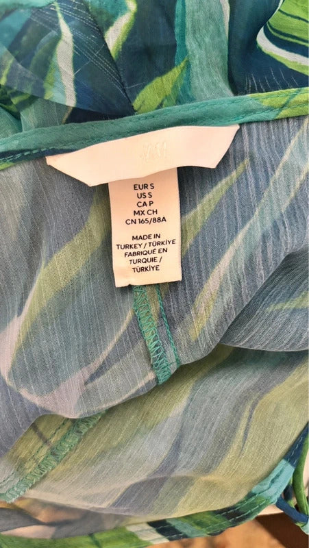 H&M Tropical Print Chiffon Beach Cover-Up Women’s Size Small Green Blue Ruffle