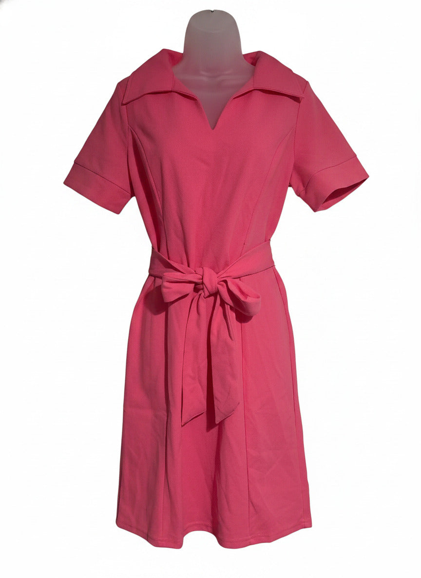Nina Leonard Pink Short Sleeve Belted Dress Size M
