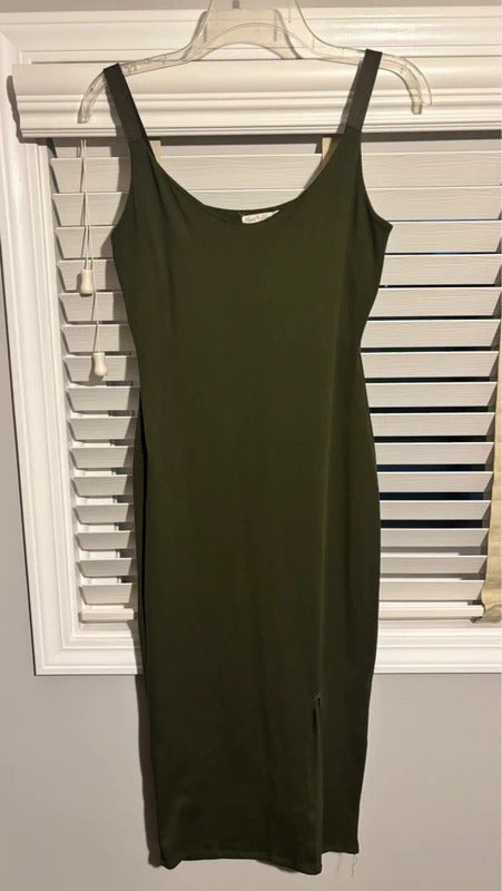 Heart Hips Women’s Olive Green Bodycon Midi Dress Side Slit Stretch Size S