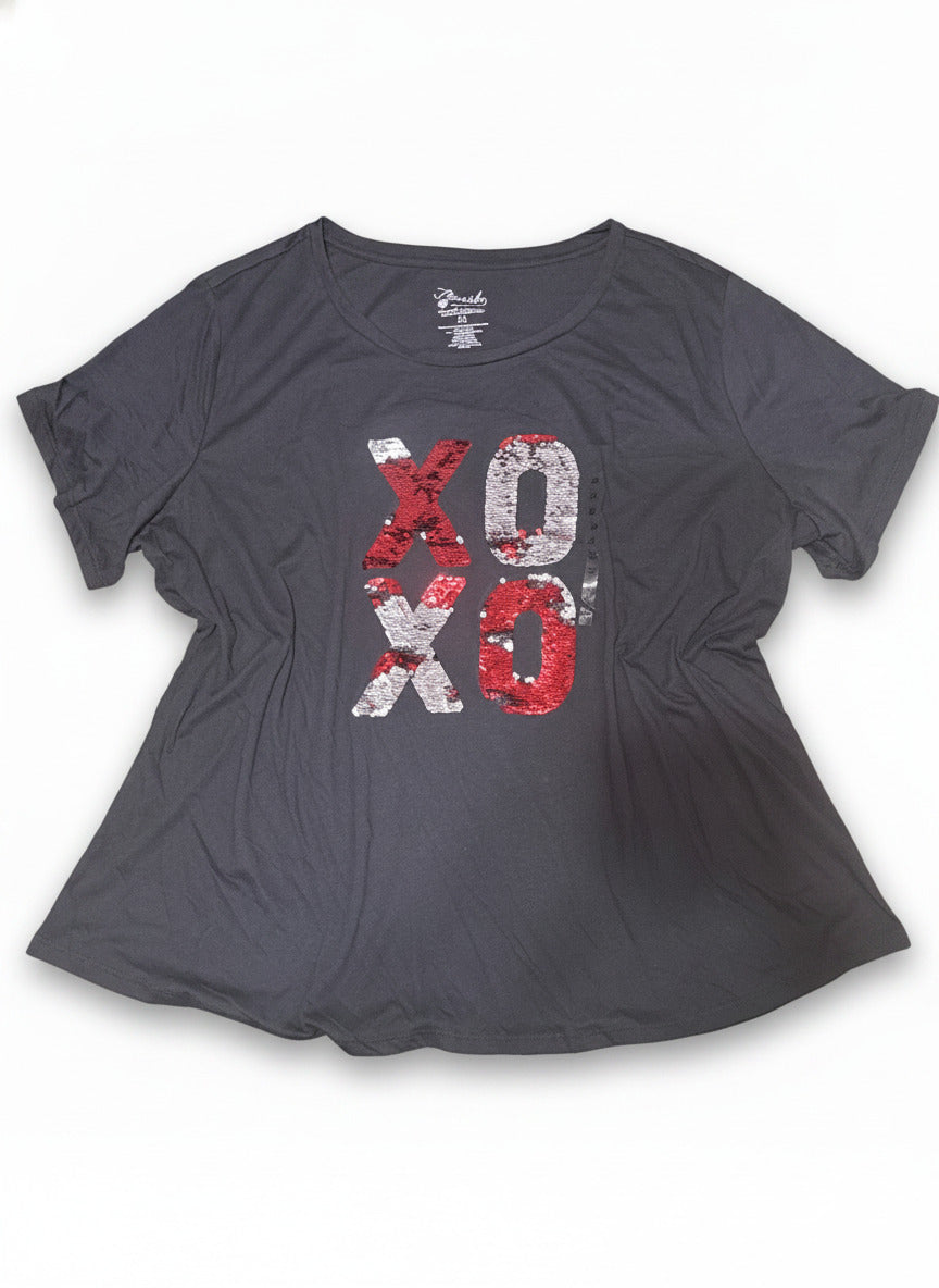 Fleurish Women's 3X Gray Sequin XO Graphic T-Shirt