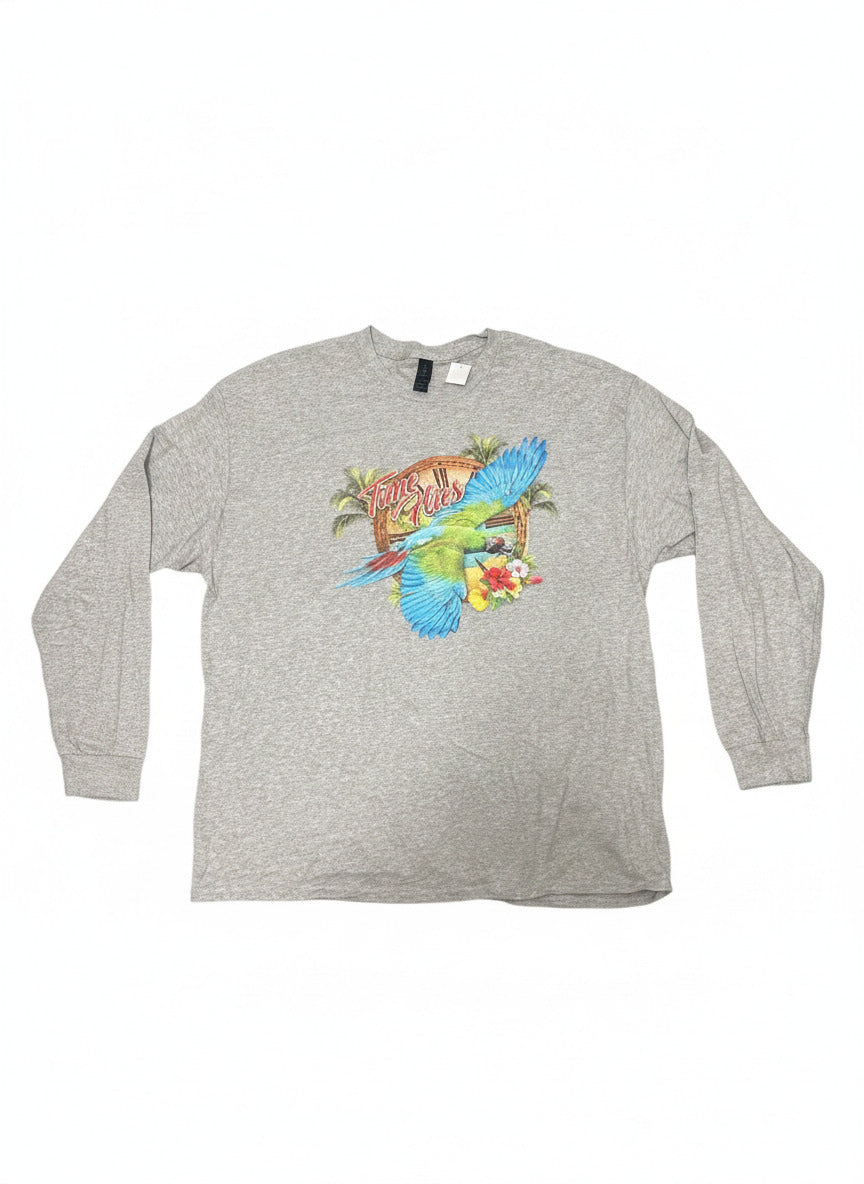 Gildan Heavy Cotton Long Sleeve T-Shirt 2XL Gray with Tropical Parrot Graphic