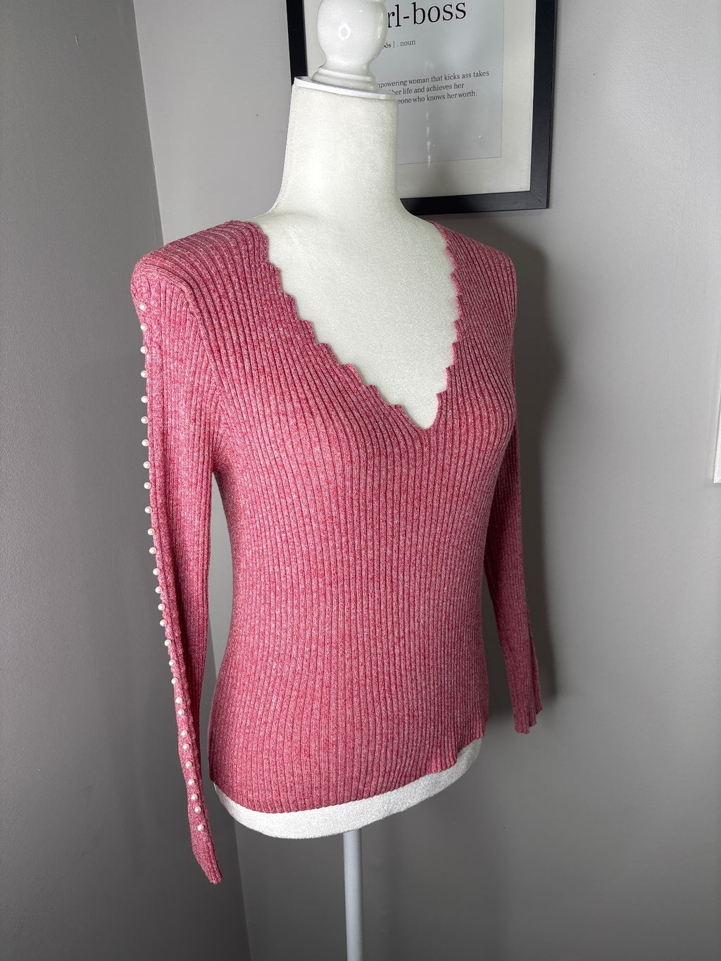 CHICME Pink Ribbed V-Neck Sweater with Pearl Sleeve Detail, Size L