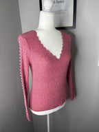CHICME Pink Ribbed V-Neck Sweater with Pearl Sleeve Detail, Size L