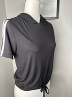 rue21 Black Short Sleeve Hooded Top with White Stripes and Drawstring