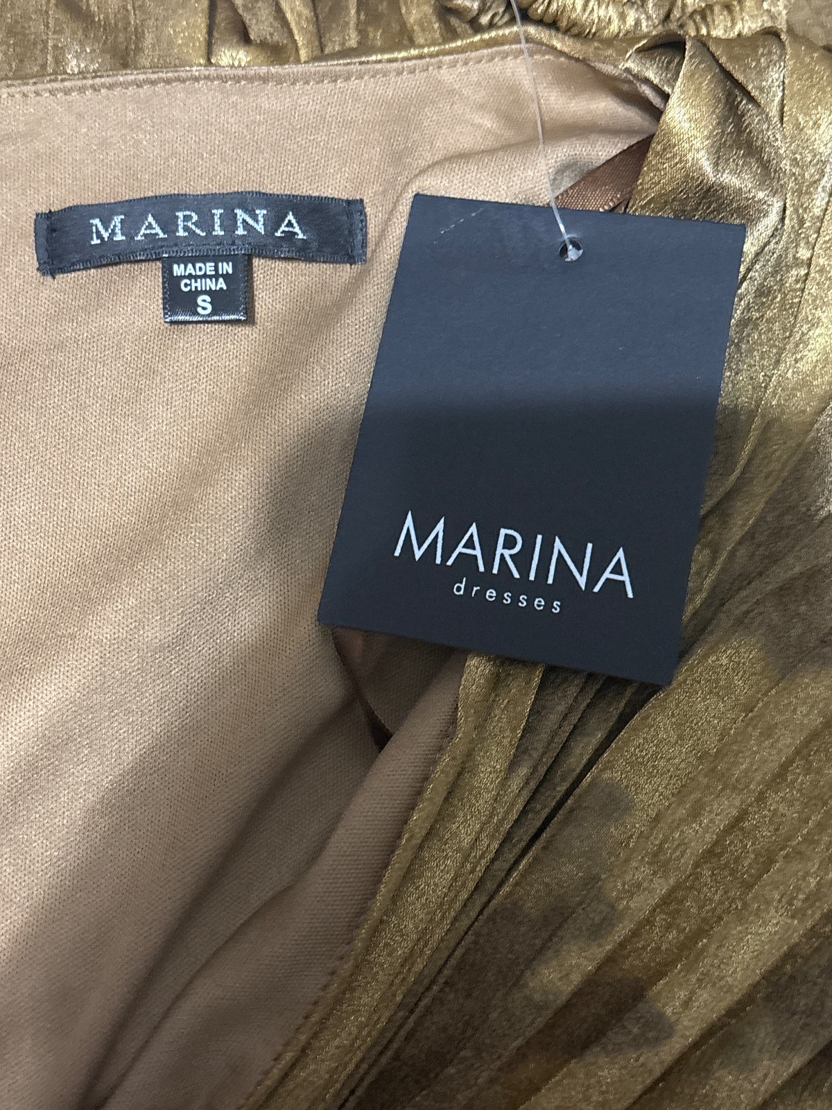 Marina Long Sleeve Metallic Gold Pleated Maxi Dress Size S