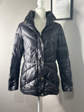 Black Quilted Puffer Jacket with High Collar and Snap Buttons