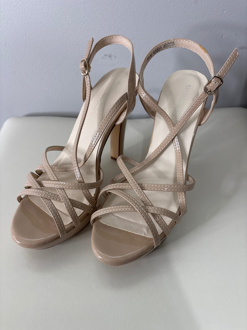 Beige Patent Leather High Heel Platform Sandals with Strappy Design