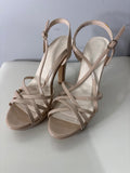 Beige Patent Leather High Heel Platform Sandals with Strappy Design