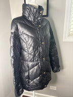 Black Quilted Puffer Jacket with High Collar and Snap Buttons