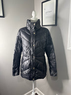 Black Quilted Puffer Jacket with High Collar and Snap Buttons