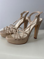 Beige Patent Leather High Heel Platform Sandals with Strappy Design