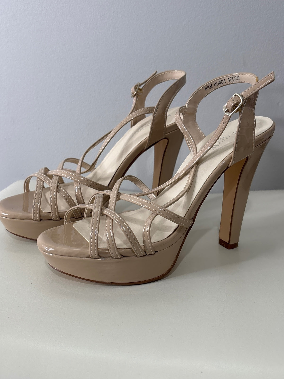 Beige Patent Leather High Heel Platform Sandals with Strappy Design