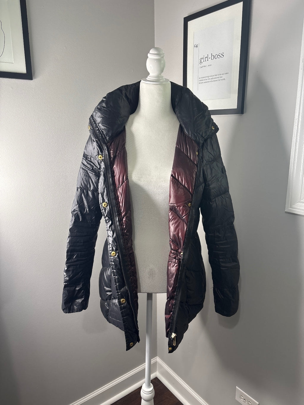 Black Quilted Puffer Jacket with High Collar and Snap Buttons