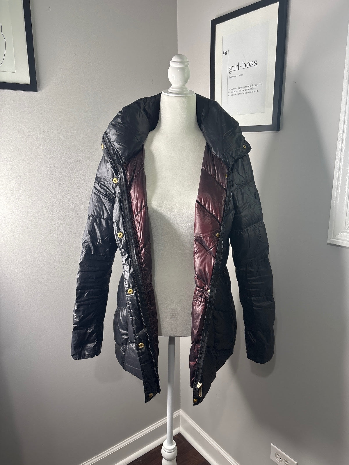 Black Quilted Puffer Jacket with High Collar and Snap Buttons