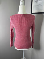 CHICME Pink Ribbed V-Neck Sweater with Pearl Sleeve Detail, Size L