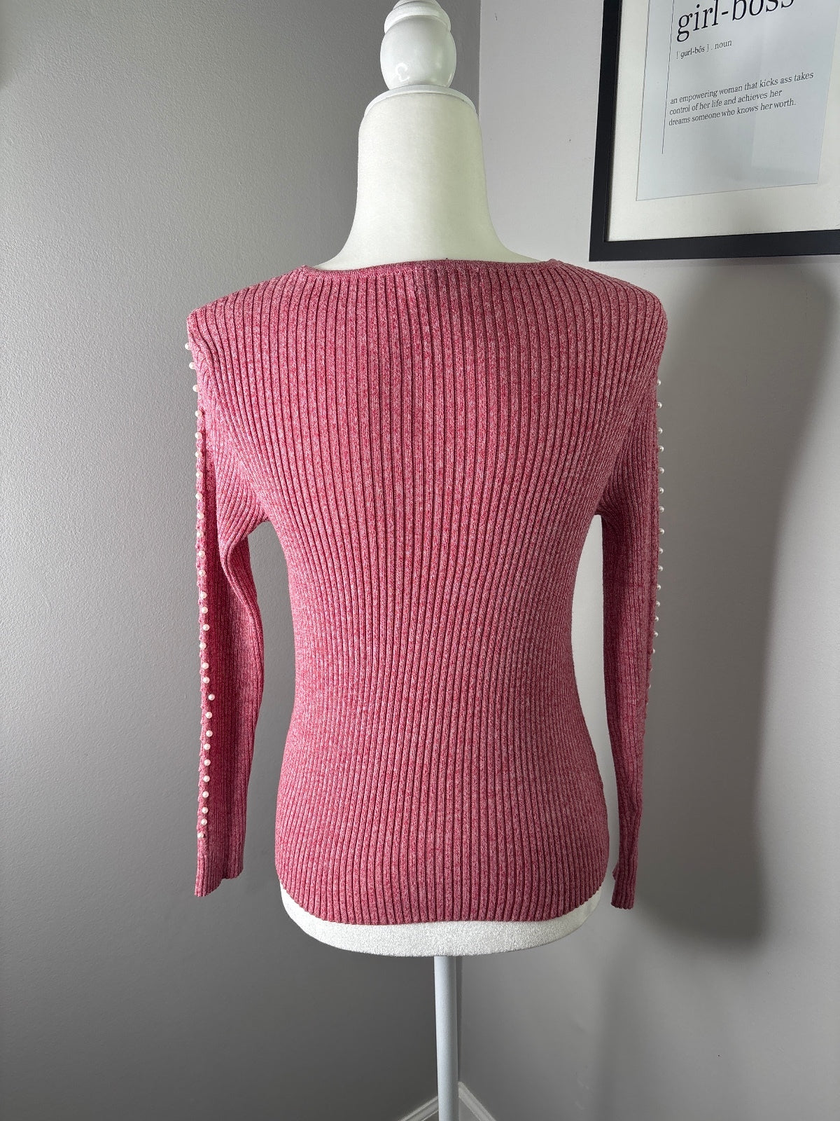 CHICME Pink Ribbed V-Neck Sweater with Pearl Sleeve Detail, Size L