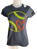 Women's Navy Blue Graphic T-Shirt with Neon Baseball and Heart Design