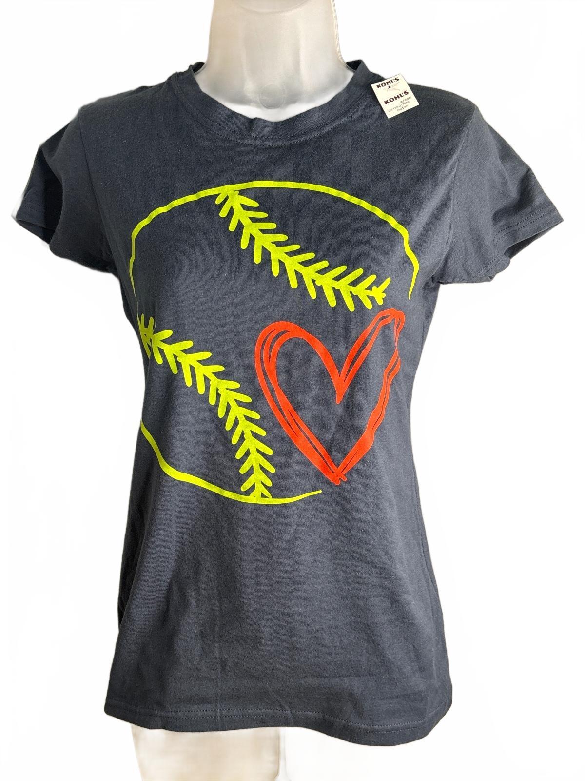 Women's Navy Blue Graphic T-Shirt with Neon Baseball and Heart Design