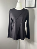 Black Long Sleeve Crew Neck Top with Diagonal Stitch Detail, Size M