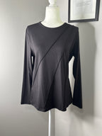 Black Long Sleeve Crew Neck Top with Diagonal Stitch Detail, Size M