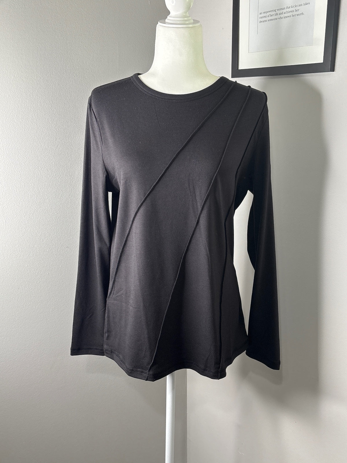 Black Long Sleeve Crew Neck Top with Diagonal Stitch Detail, Size M