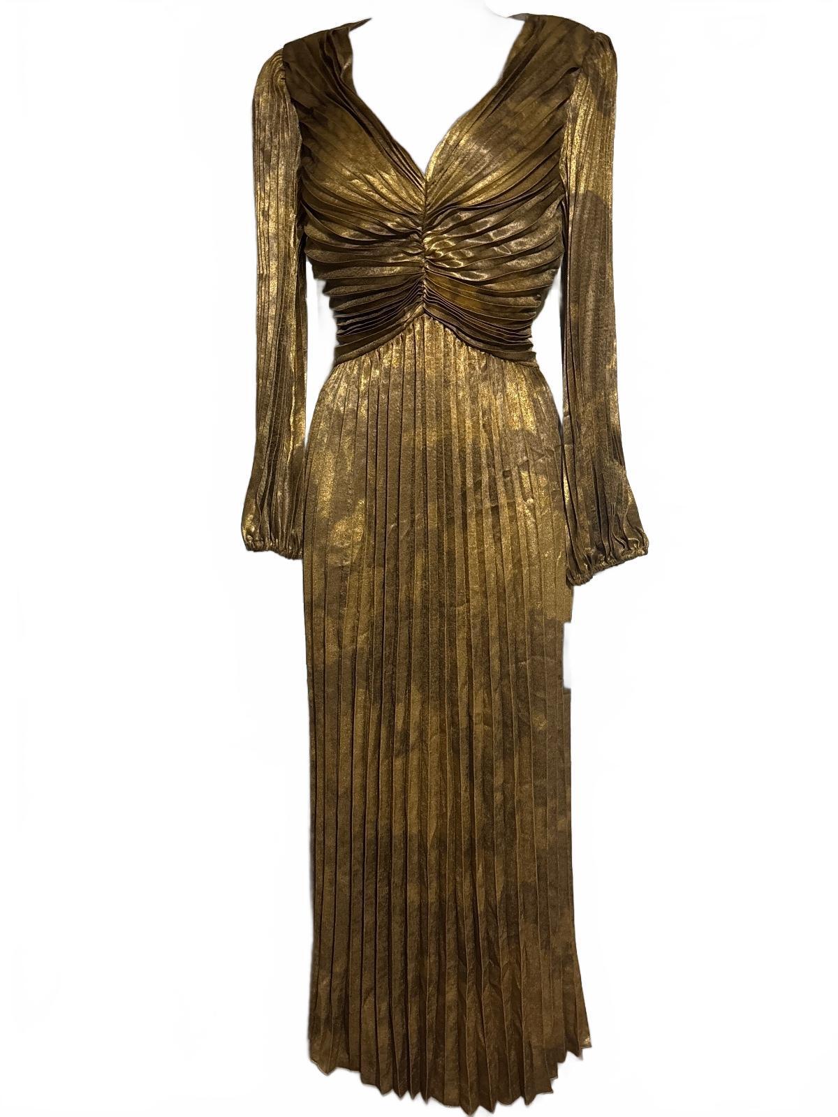 Marina Long Sleeve Metallic Gold Pleated Maxi Dress Size S